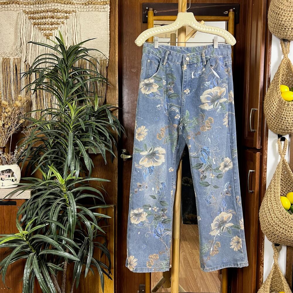 Floral Paint Splatter Denim Pants S Cropped High Rise Straight Leg Artist Style